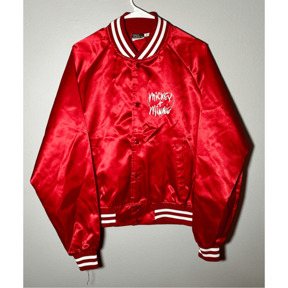 Vintage Nasco 80s Disney Mickey Minnie Satin Bomber Jacket Lightweight Red Large - Picture 2 of 9